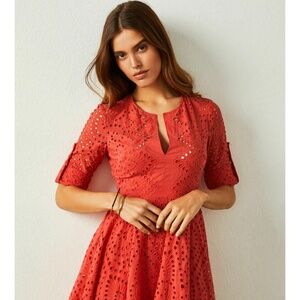 BCBG MaxAzria Red Cotton Embroidered Eyelet Flared Mini
